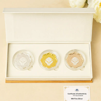 Lotus In Hand, Tri-Color, Lotus Shape, Set of 3 (10 Gram Each), 999 Purity - Ready To Ship