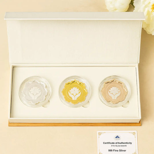 Lotus In Hand, Tri-Color, Lotus Shape, Set of 3 (10 Gram Each), 999 Purity - Ready To Ship