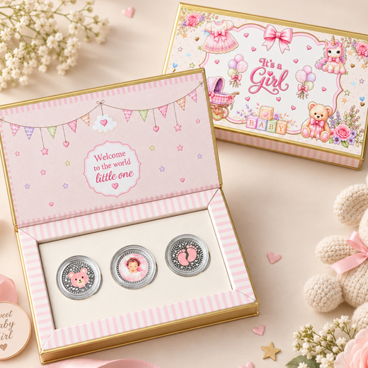 Welcome Little Princess Pink Baby Girl UV Silver Coin Box Set (3 Coins x 1gm Each)