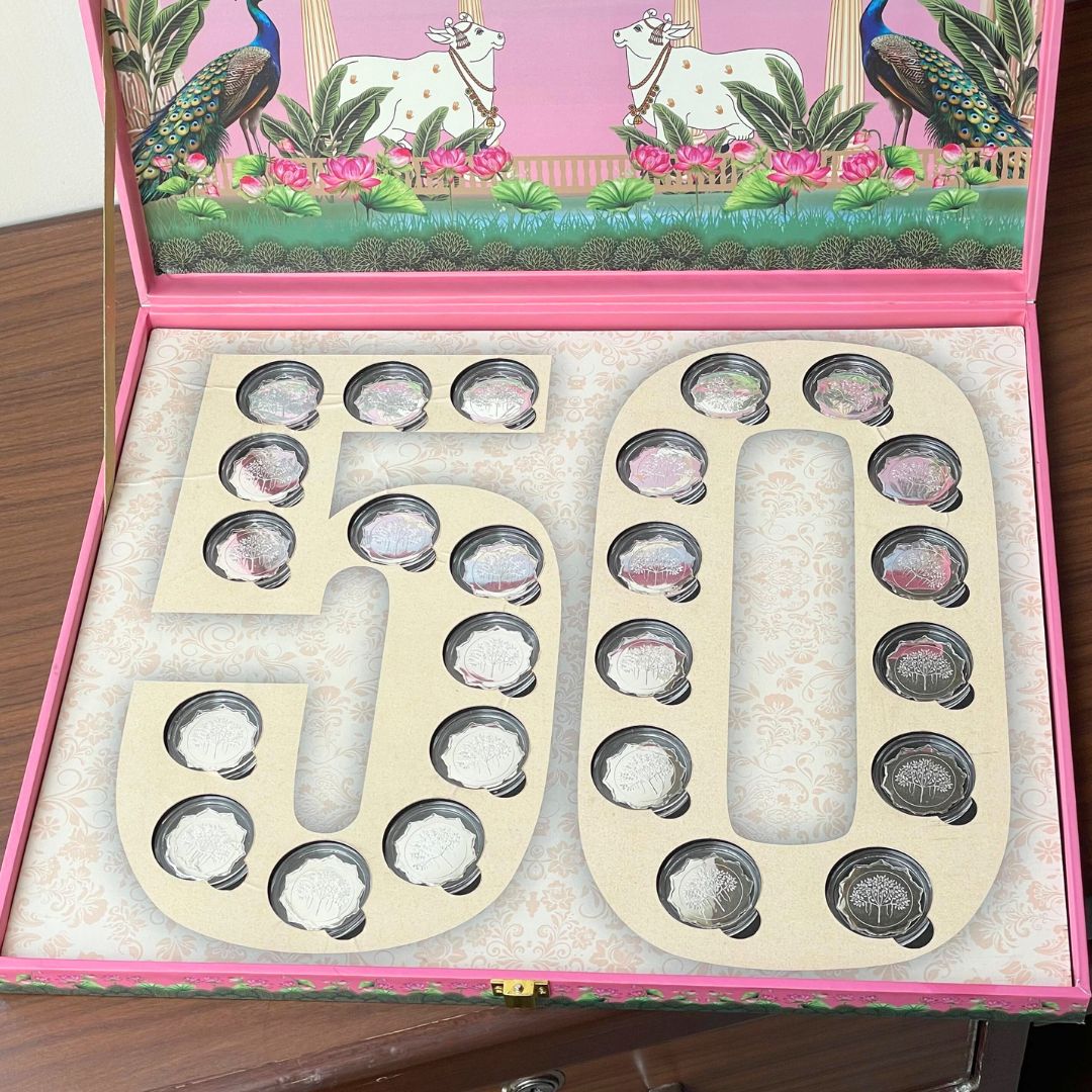Celebration 50 Coin Box, Banyan Tree Design, Lotus Shape, Set of 25 Coins (2 Gram Each), 999 Purity - Ready To Ship