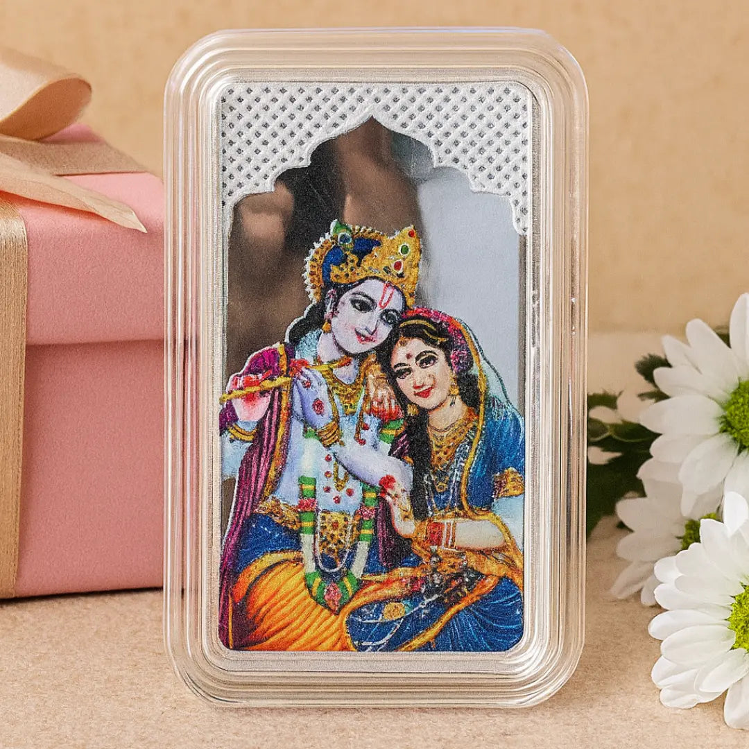 Shri Radha Krishna Ji, UV Printed, Bar Shape, Single (10 Gram), 999 Purity Silver Coin - Ready To Ship