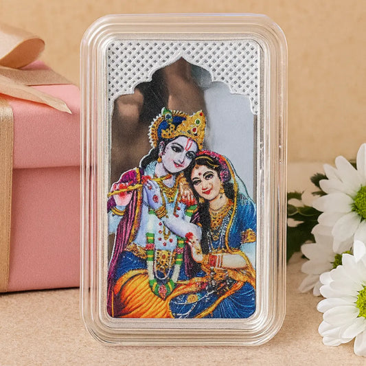 Shri Radha Krishna Ji, UV Printed, Bar Shape, Single (10 Gram), 999 Purity Silver Coin - Ready To Ship