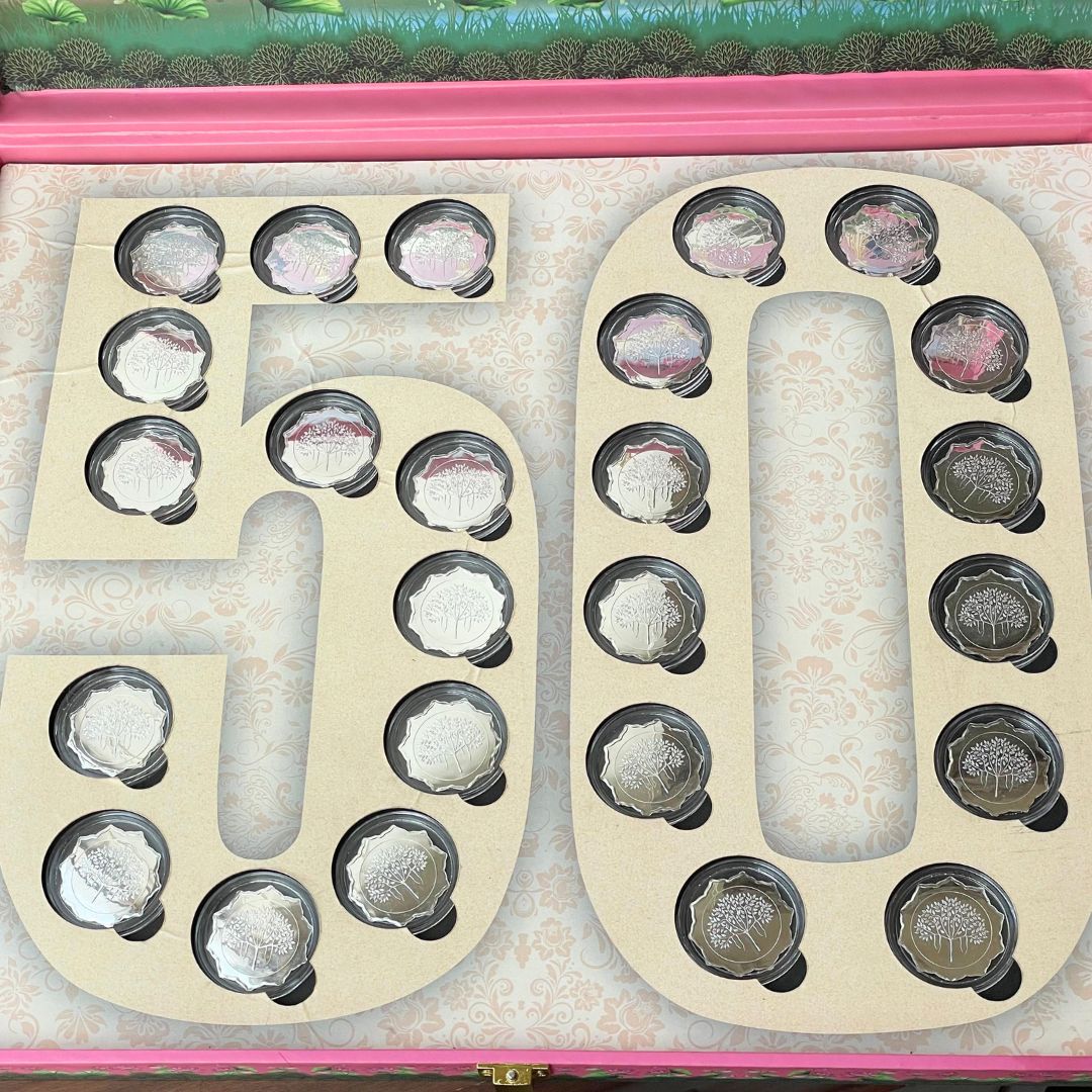 Celebration 50 Coin Box, Banyan Tree Design, Lotus Shape, Set of 25 Coins (2 Gram Each), 999 Purity - Ready To Ship