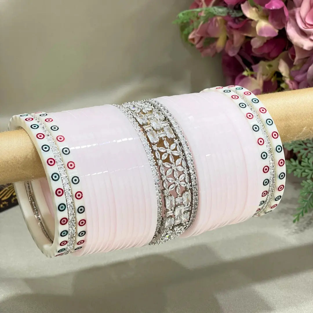 Punjabi Baby Pink Chooda Set With AD & Dots Bangles