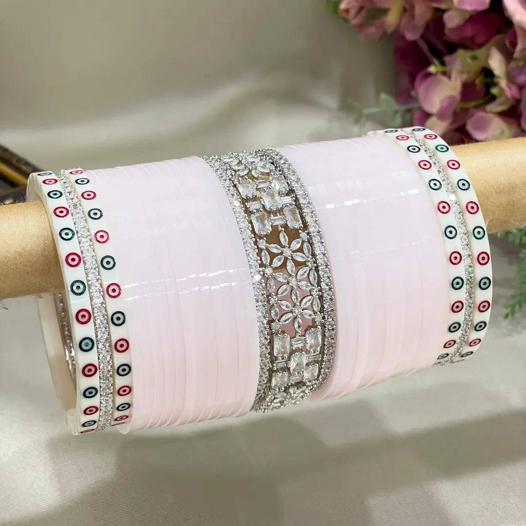 Punjabi Baby Pink Chooda Set With AD & Dots Bangles