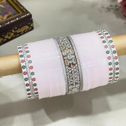 Punjabi Baby Pink Chooda Set With AD & Dots Bangles