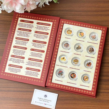 12 Jyotirling, Silver, Folder Box, 12 Coin (1 gm Each), 999 Purity Silver Coins