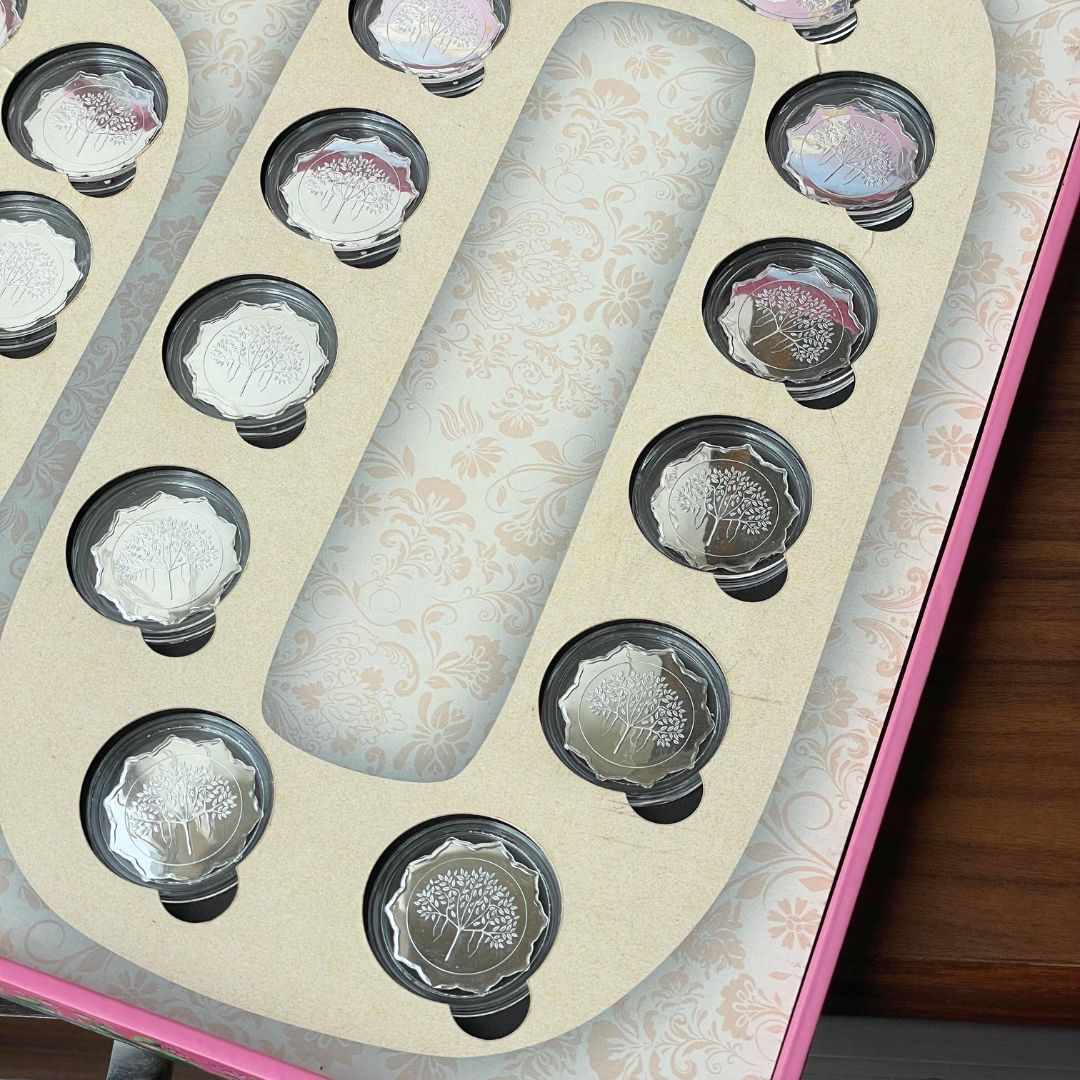 Celebration 50 Coin Box, Banyan Tree Design, Lotus Shape, Set of 25 Coins (2 Gram Each), 999 Purity - Ready To Ship