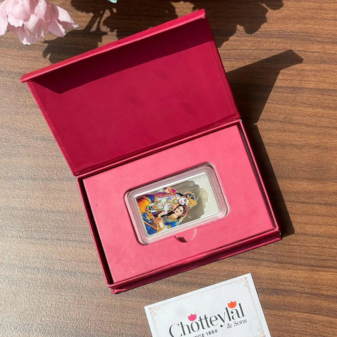 Shri Radha Krishna Ji, UV Printed, Bar Shape, Single (10 Gram), 999 Purity Silver Coin - Ready To Ship