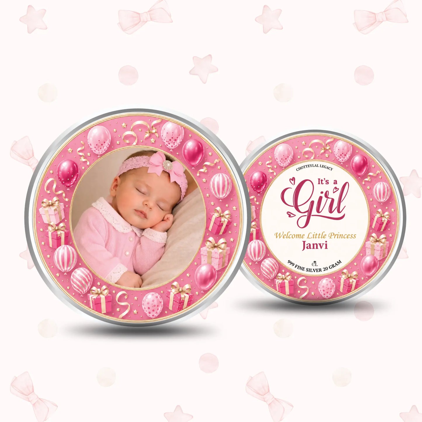 It's A Girl Silver Coin For Baby Announcements - Add Photo & Name