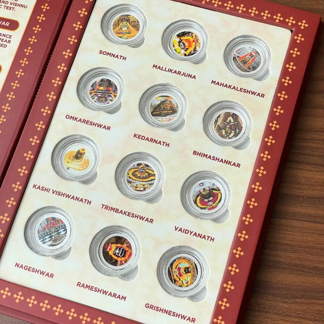 12 Jyotirling, Silver, Folder Box, 12 Coin (1 gm Each), 999 Purity Silver Coins