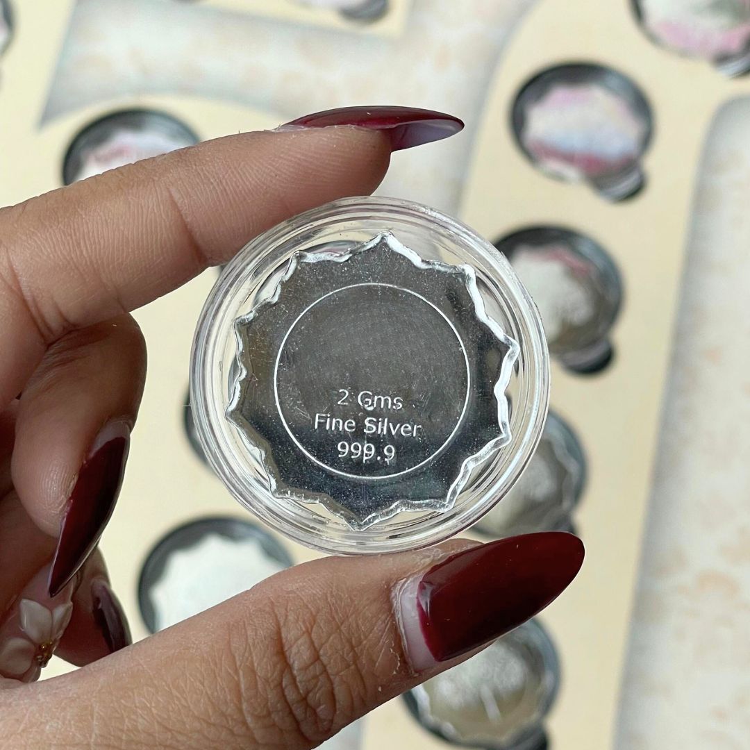 Celebration 50 Coin Box, Banyan Tree Design, Lotus Shape, Set of 25 Coins (2 Gram Each), 999 Purity - Ready To Ship