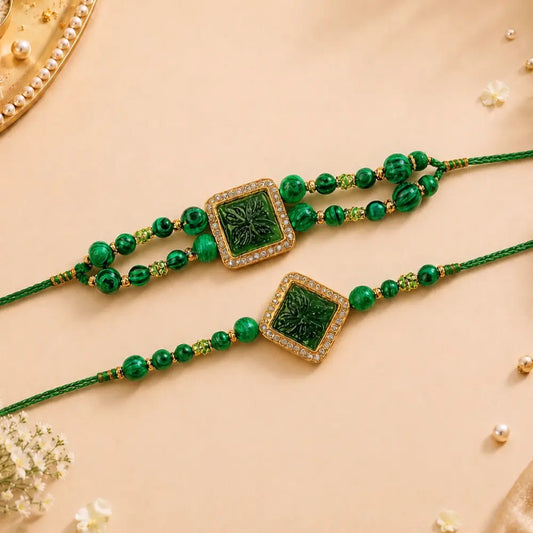 Traditional Green Stone Pair Rakhi - For Bhaiya Bhabhi