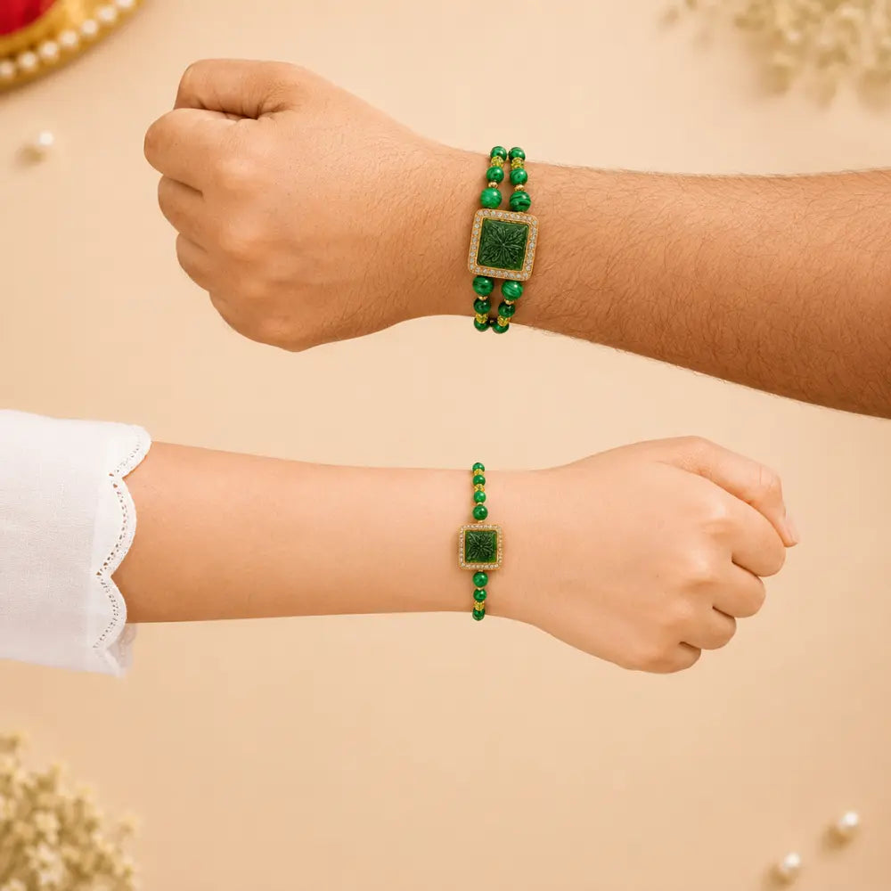Traditional Green Stone Pair Rakhi - For Bhaiya Bhabhi