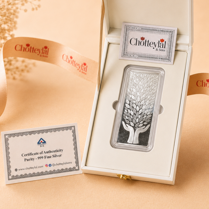 A Century of Blessings – 100g 999 Silver Leaf In Hand Bar