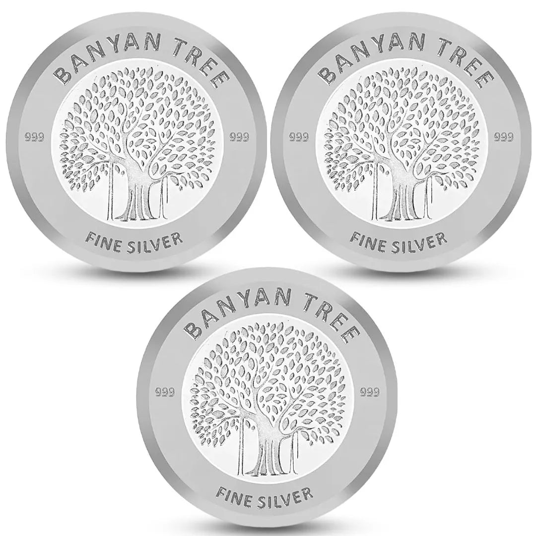 Banyan Tree Design, Silver Finish, Round Shape, Set of 3 Coins (3 Gram Each), Shubh Deepawali Packaging999 Purity Silver Coin - Ready To Ship