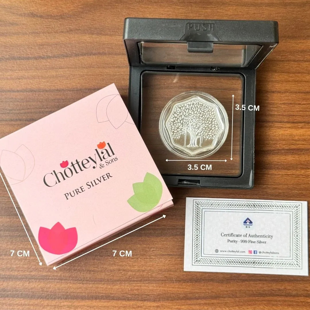 Banyan Tree, Silver, Octagon Shape, 2 gm, 999 Purity Silver Coin - Ready To Ship