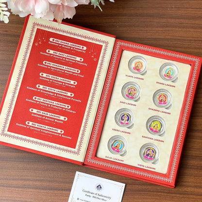 Ashtalakshmi Ji, Silver, Folder Box, 8 Coin (1 gm Each), 999 Purity Silver Coins