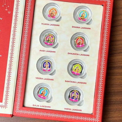 Ashtalakshmi Ji, Silver, Folder Box, 8 Coin (1 gm Each), 999 Purity Silver Coins