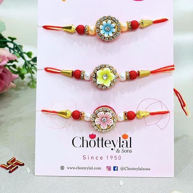 Men's Rakhi - Set of 3 Yellow , Pink and Blue Flower