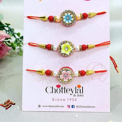 Men's Rakhi - Set of 3 Yellow , Pink and Blue Flower