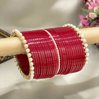 Deep Red Chooda Design With Pearl Bangles