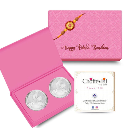 Classic Happy Rakhi Gift, Rakhi On Hand Coin, Set of 2 (10 Gram Each) - 999 Purity Silver Coin - Ready To Ship