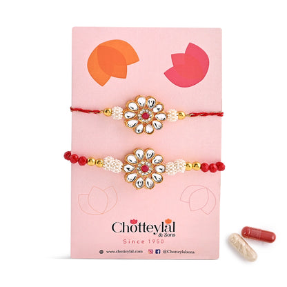 Pair Rakhi -Beatiful Design Kundan Flower Pearl and Beads