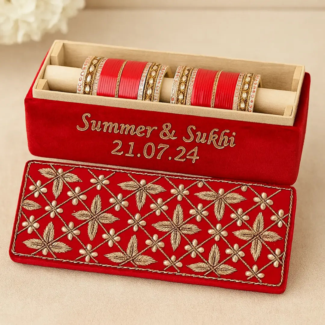 Premium Red Velvet Bridal Choora Box | Bangle Box With Floral Design - Rectangle