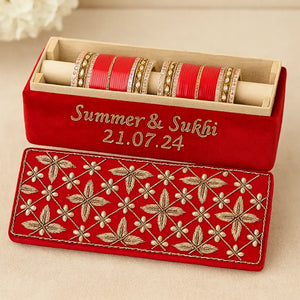 Premium Red Velvet Bridal Choora Box | Bangle Box With Floral Design - Rectangle