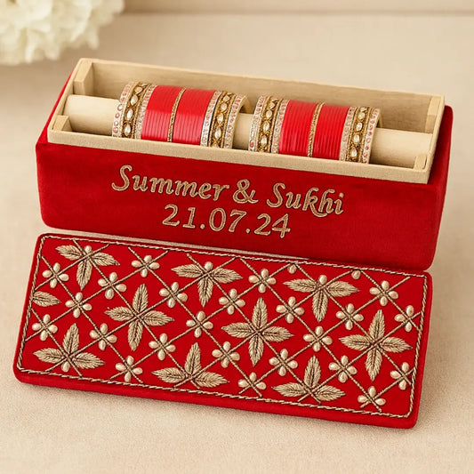 Premium Red Velvet Bridal Choora Box | Bangle Box With Floral Design - Rectangle