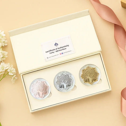 Banyan Tree, Tri-Color, Lotus Shape, Set of 3 Coins (10 Gram Each), 999 Purity, White Box - Ready To Ship