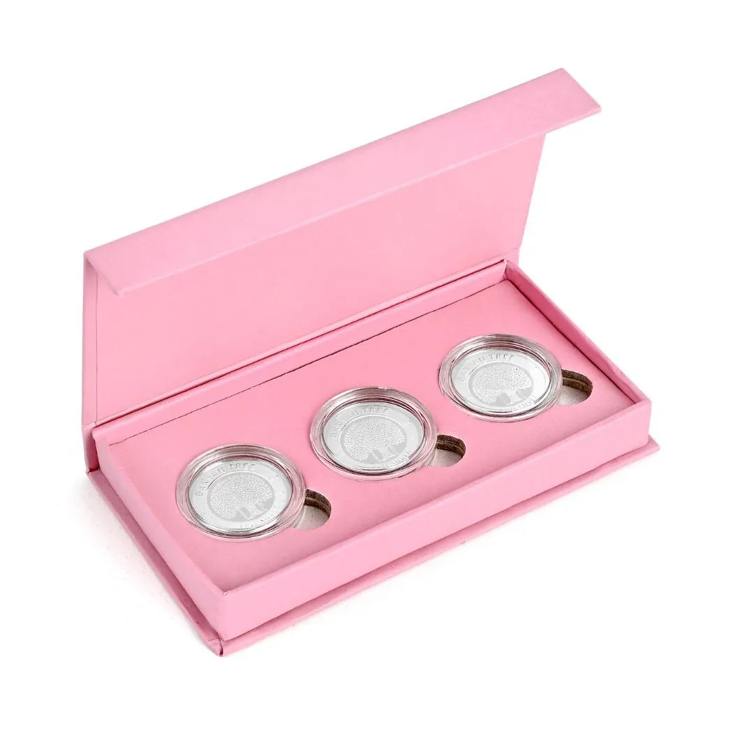 Banyan Tree Design, Silver Finish, Round Shape, Set of 3 Coins (3 Gram Each), Shubh Deepawali Packaging999 Purity Silver Coin - Ready To Ship