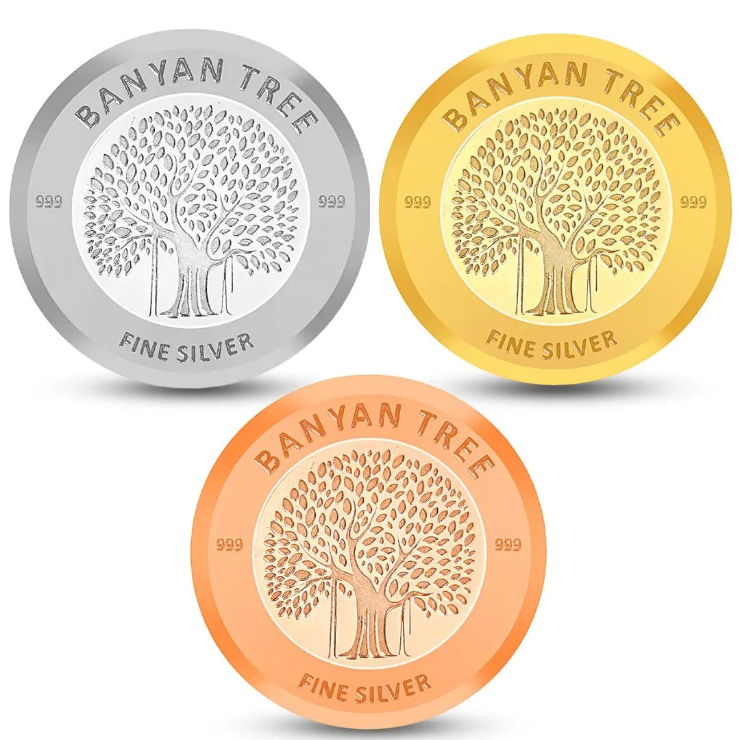 Banyan Tree Design, Tri-Color Finish, Round Shape, Set of 3 Coins (3 Gram Each), White Box, 999 Purity Silver Coin - Ready To Ship