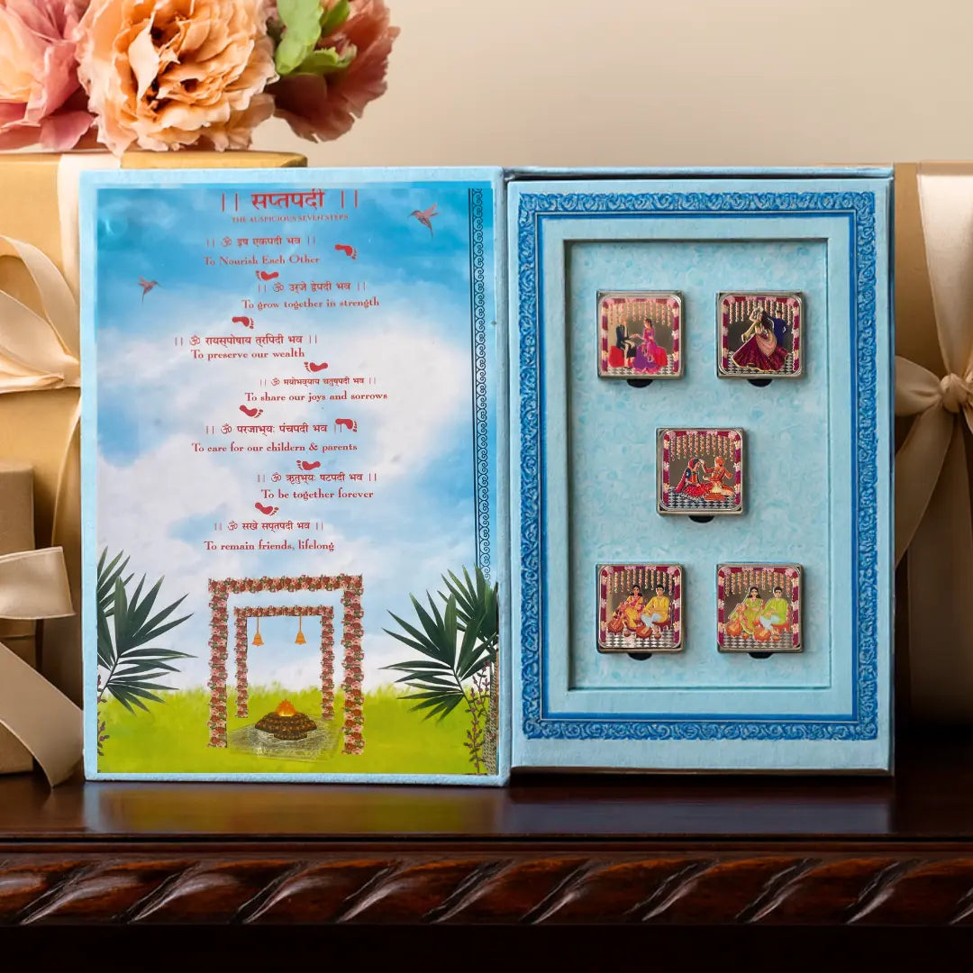 Shubh Vivah Blue Wedding Coin Box, UV Printed, Square Shape, Set of 5 Coins (10 Gram Each), 999 Purity Silver Coin – Ready to Ship