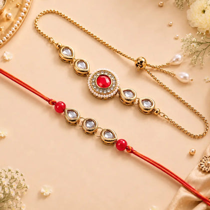 Pair Rakhi - Beatiful Kundan Oval Shape Rakhi