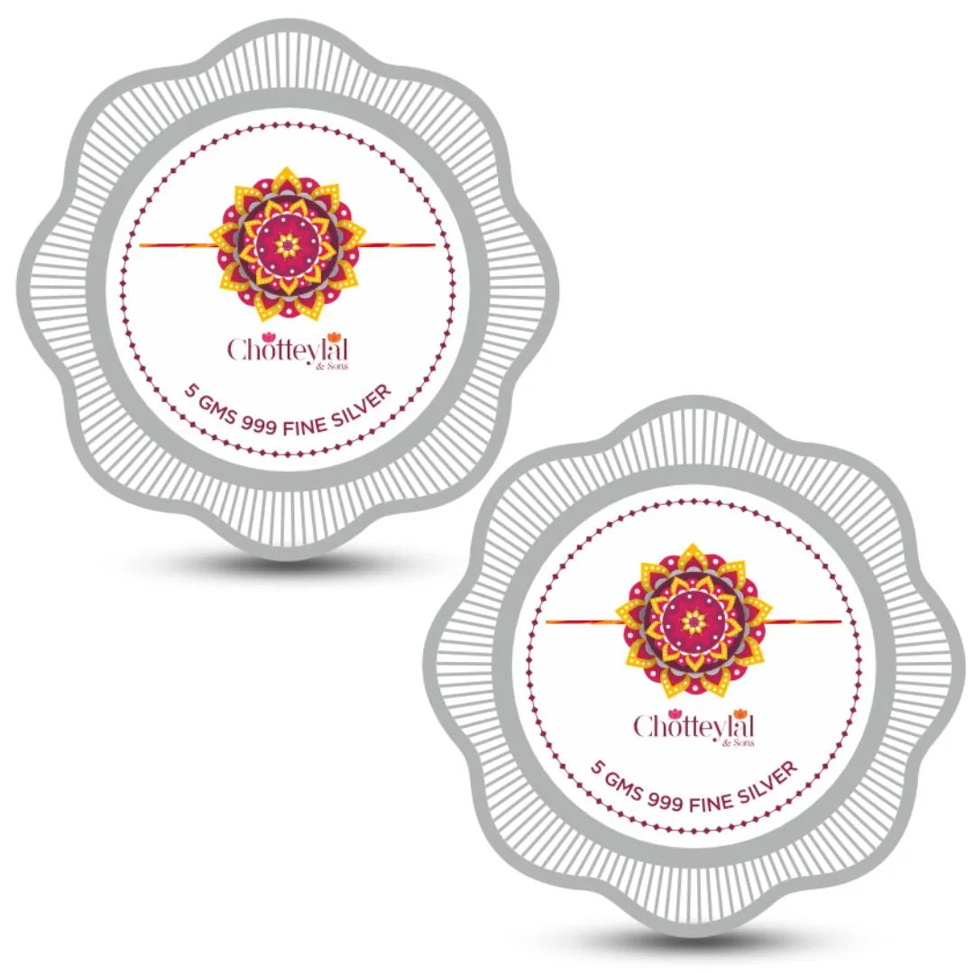 Happy Raksha Bandhan Box, 5gm Floral Silver Coin (Set of 2) With Rakhi Card - 999 Purity Silver Coin
