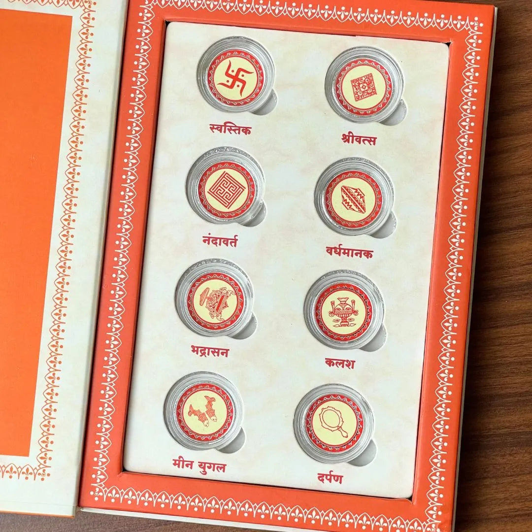 Ashtamangala, Silver, Folder Box, 8 Coin (1 gm Each), 999 Purity Silver Coins