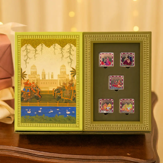 Shubh Vivah Green Wedding Coin Box, UV Printed, Square Shape, Set of 5 Coins (5 Gram Each), 999 Purity Silver Coin – Ready to Ship