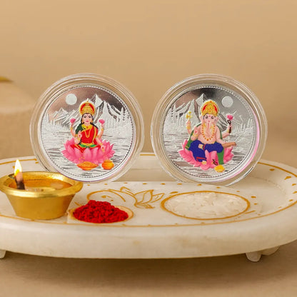 Lakshmi Ji Ganesh Ji, UV Printed, Round Shape, Set of 2 (10 Grams Each), 999 Purity Silver Coin - Ready To Ship
