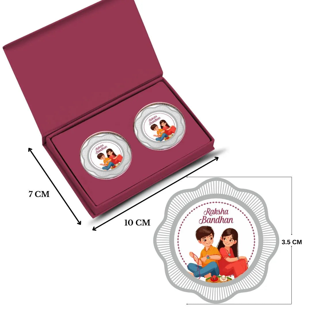 Happy Raksha Bandhan Box, 5gm Floral Silver Coin (Set of 2) With Rakhi Card - 999 Purity Silver Coin