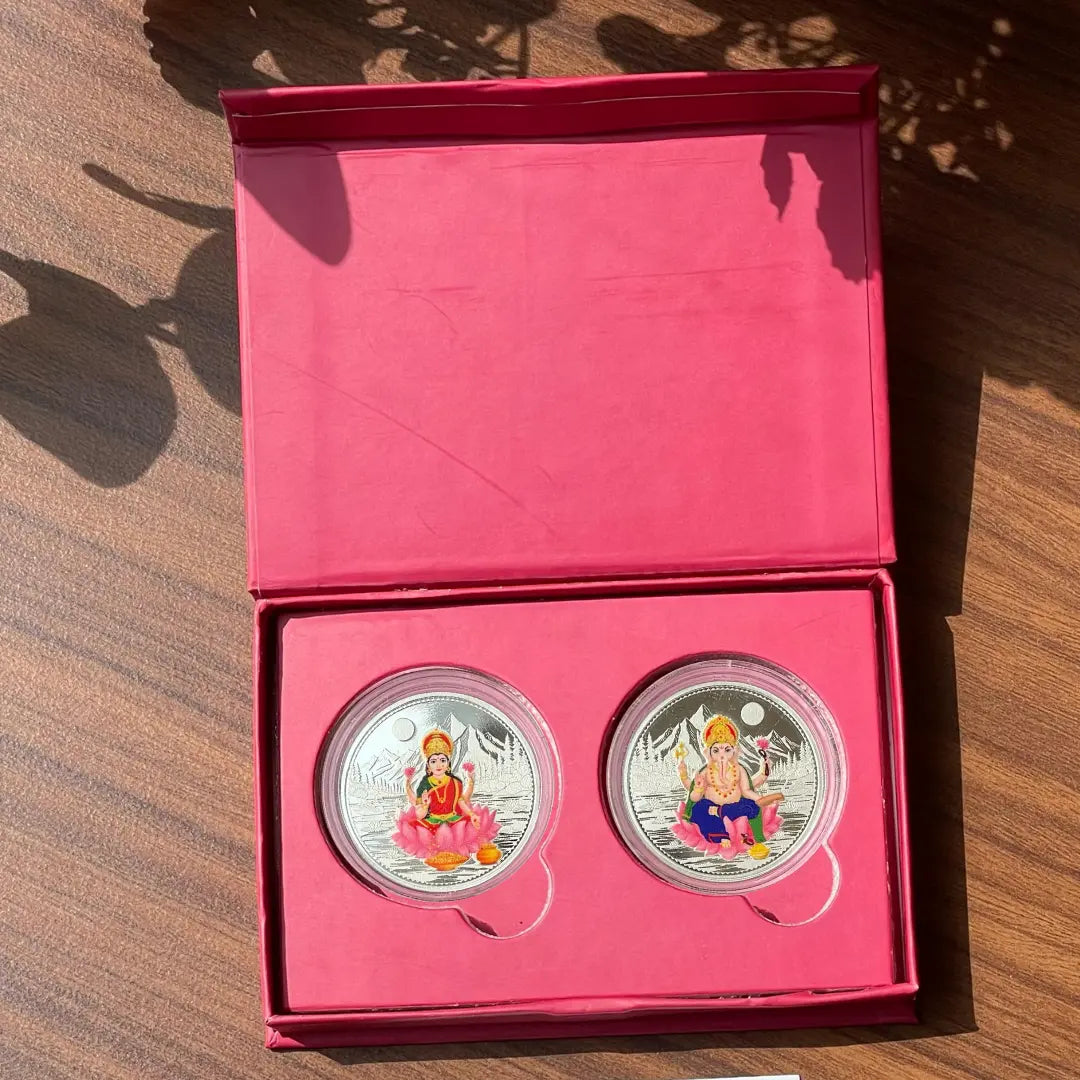 Lakshmi Ji Ganesh Ji, UV Printed, Round Shape, Set of 2 (10 Grams Each), 999 Purity Silver Coin - Ready To Ship