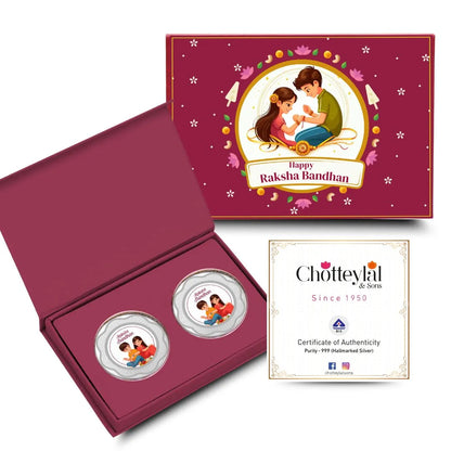 Happy Raksha Bandhan Box, 5gm Floral Silver Coin (Set of 2) With Rakhi Card - 999 Purity Silver Coin