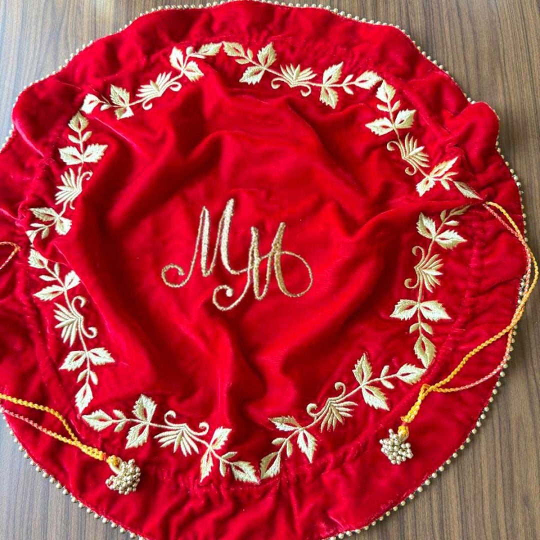 Crimson Red Round Thaal Cover With Vine Design Work - Customize Hashtags