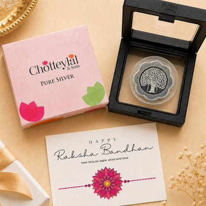 Premium Happy Raksha Bandhan 5gm Flower Banyan Tree Silver Coin with Rakhi Card