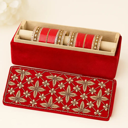 Red Velvet Bridal Choora Box With Floral Design - Rectangle - Ships Immediately