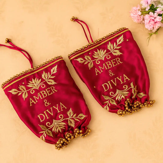 Customisable Magenta Satin Chooda Cover With Floral Pattern & Golden Pearl Beads