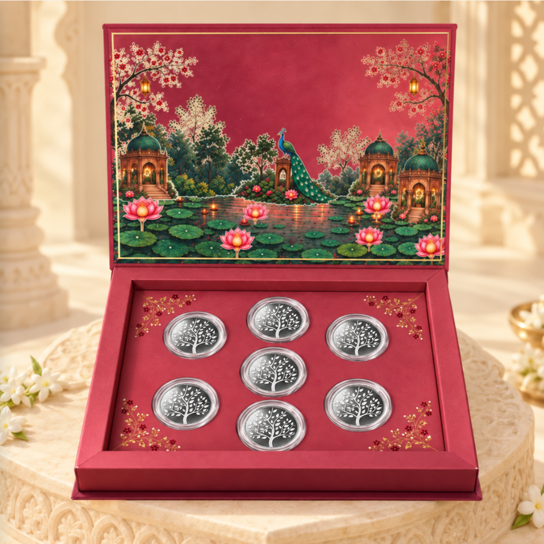 Gulabi Bagh Silver Shagun Gift Set of 7 Silver Coin Box