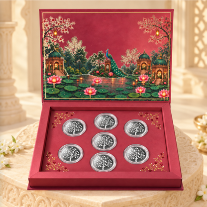 Gulabi Bagh Silver Shagun Gift Set of 7 Silver Coin Box