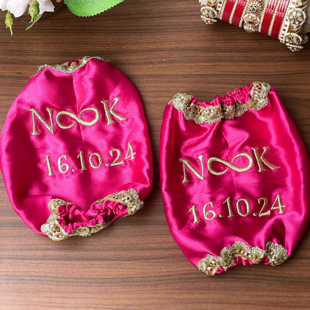 Pink Satin Chooda Cover With Lace  - Custom Made with Logo and Date